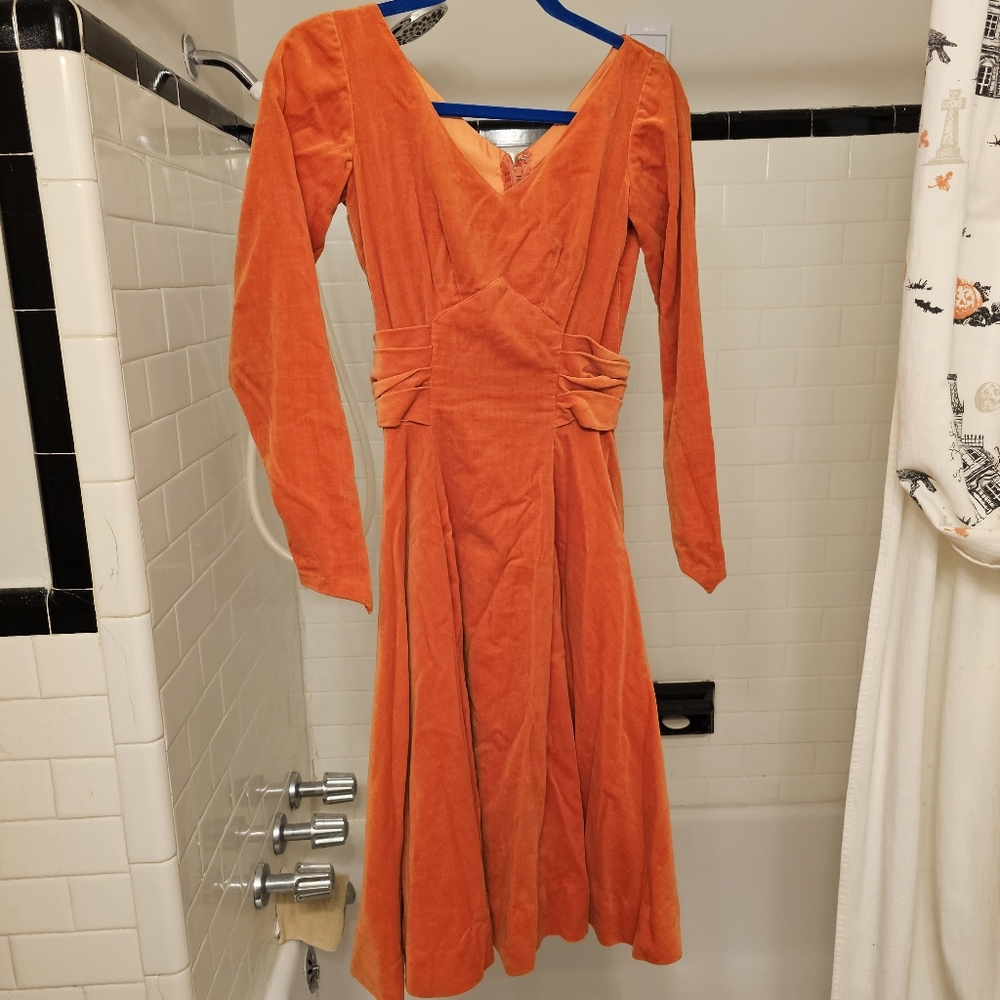 Vintage style pumpkin orange velvet dress